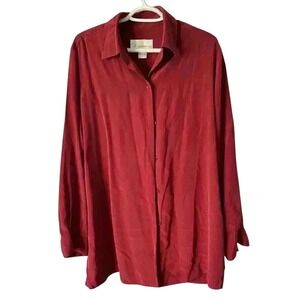 NyGard Collection Womens Red Silk Long Sleeve Collared Button Up Shirt Size 12